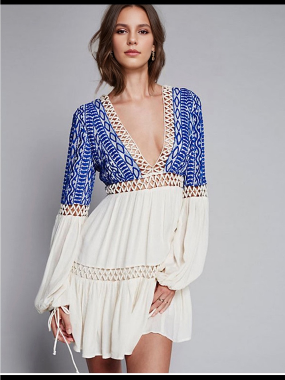 NWOT Free People Blue and Cream Boho  Festival Sexy Embroidered Dress SZ 2